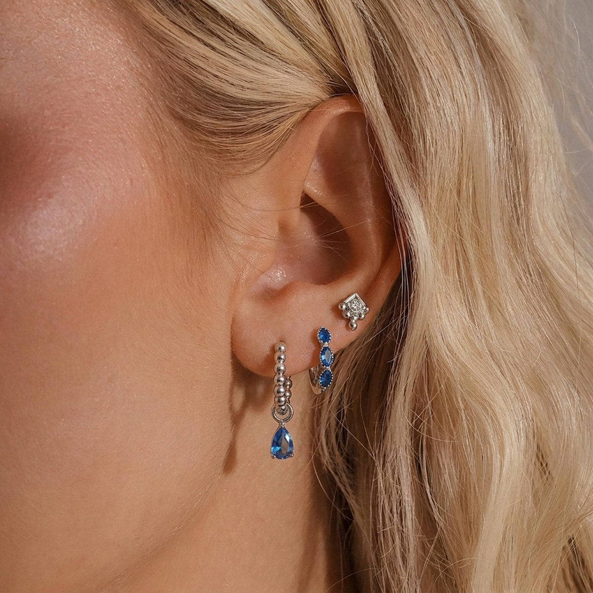Aura Blue Drop Hoop Set · Silver