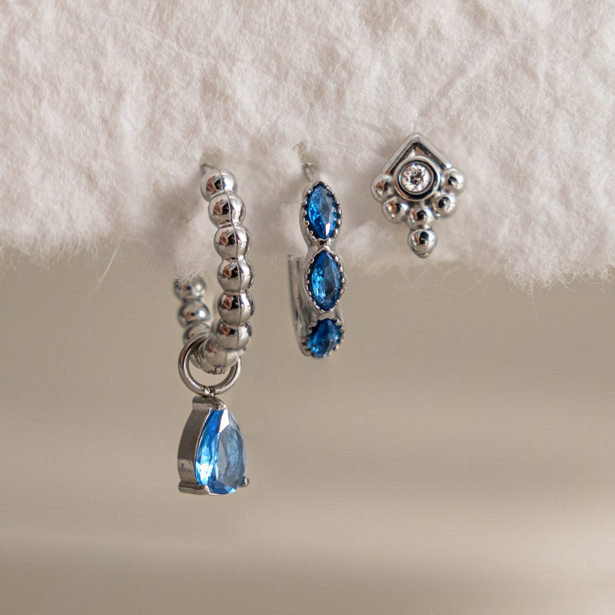 Aura Blue Drop Hoop Set · Silver