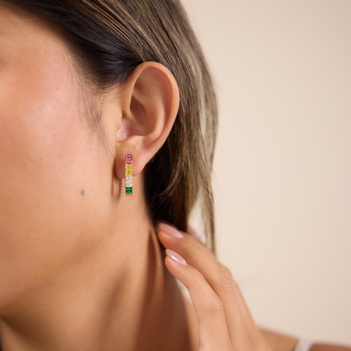 Her Rainbow Baguette Hoops
