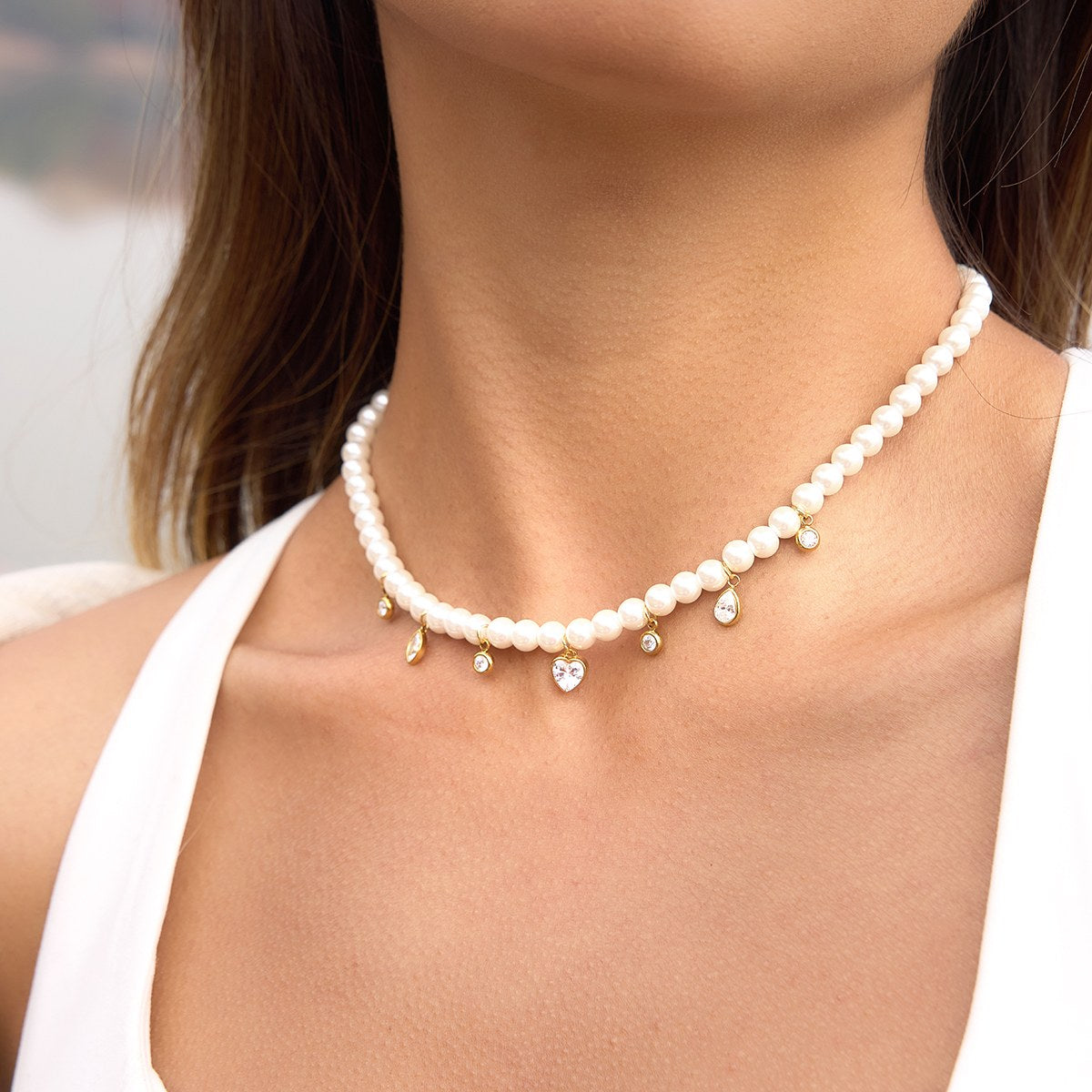 Pretty Pearl Crystal Fringe Necklace
