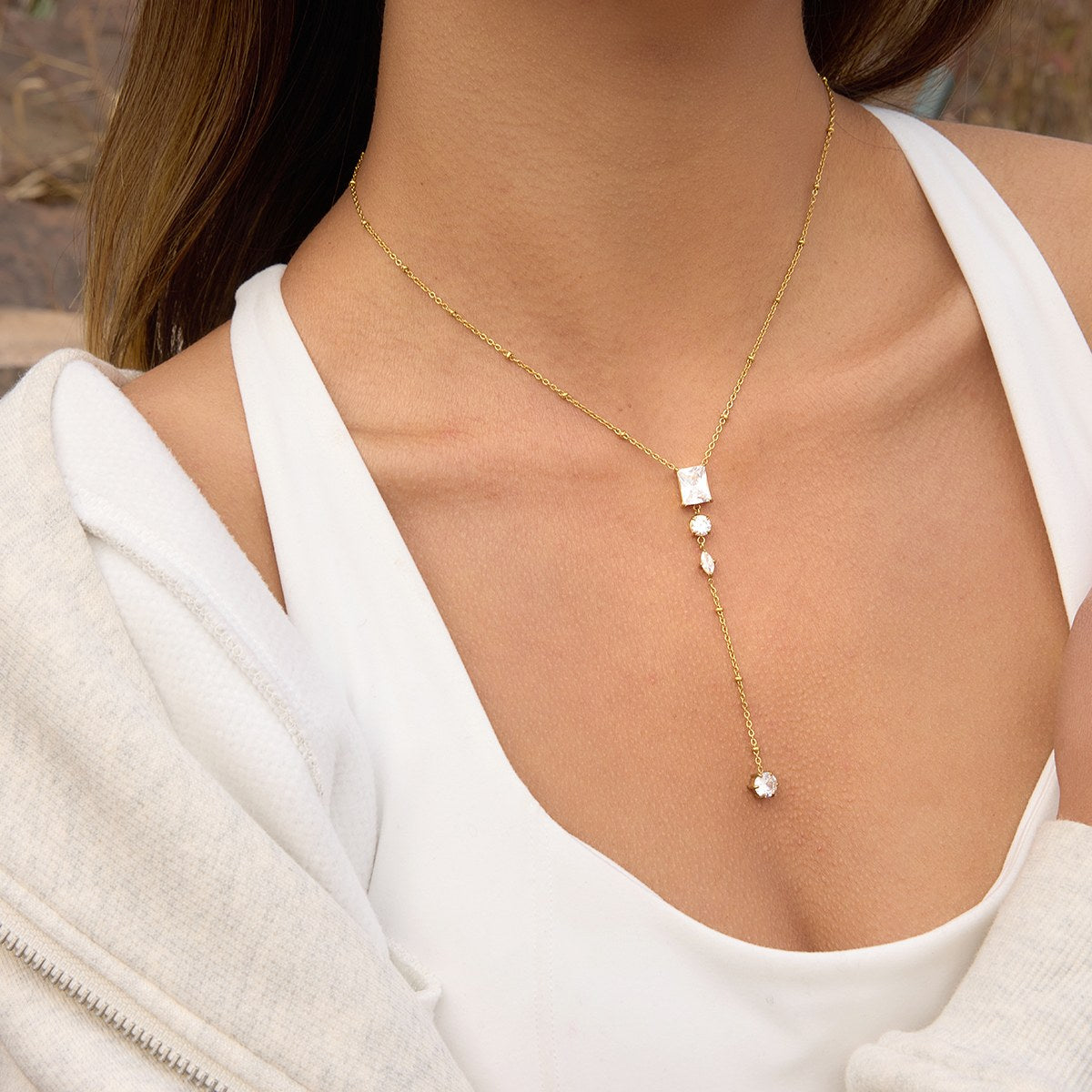 Golden Crystal Lariat Necklace