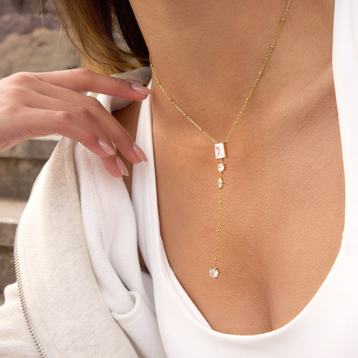 Golden Crystal Lariat Necklace