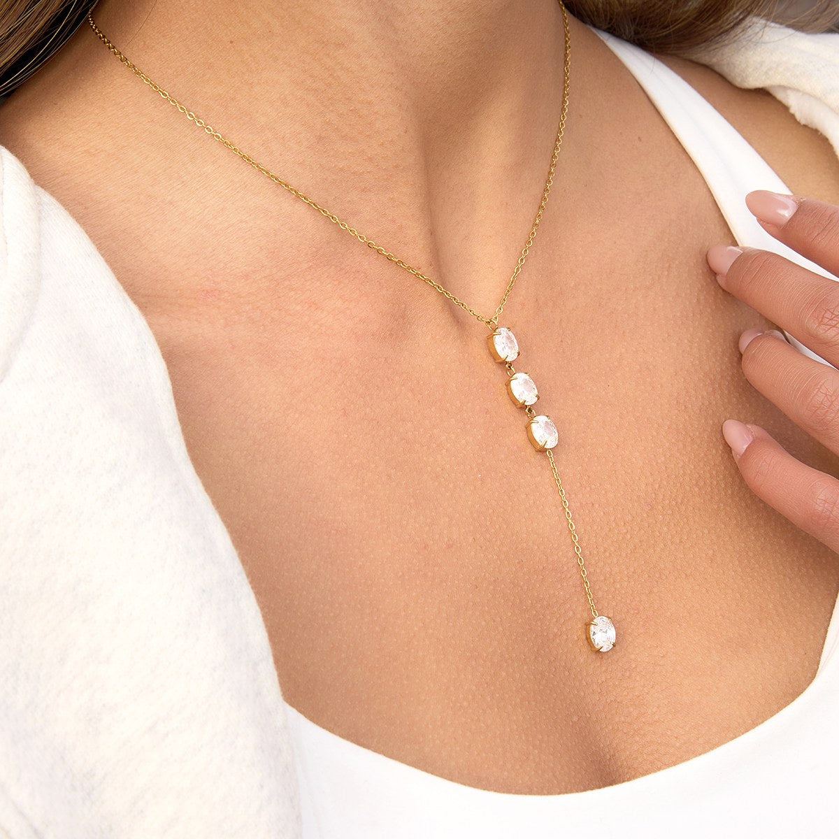 Golden Crystal Drop Y Necklace