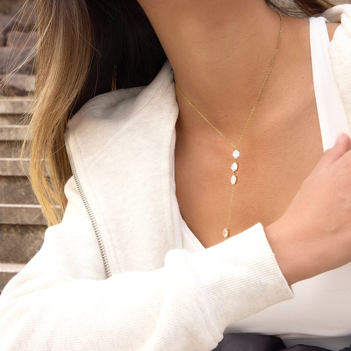 Golden Crystal Drop Y Necklace