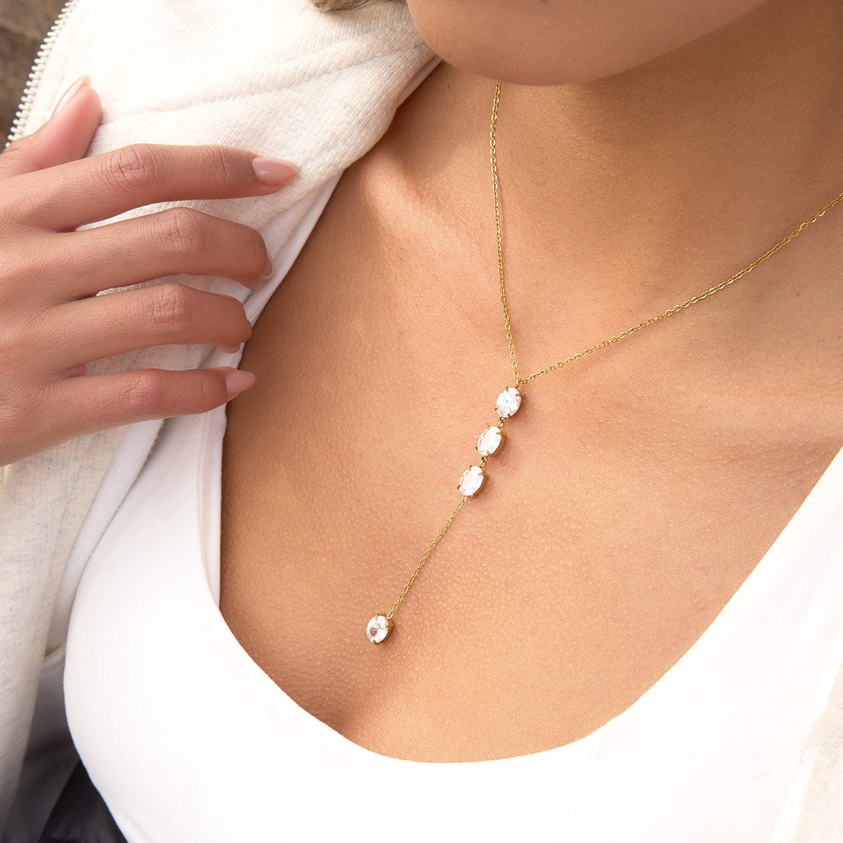 Golden Crystal Drop Y Necklace