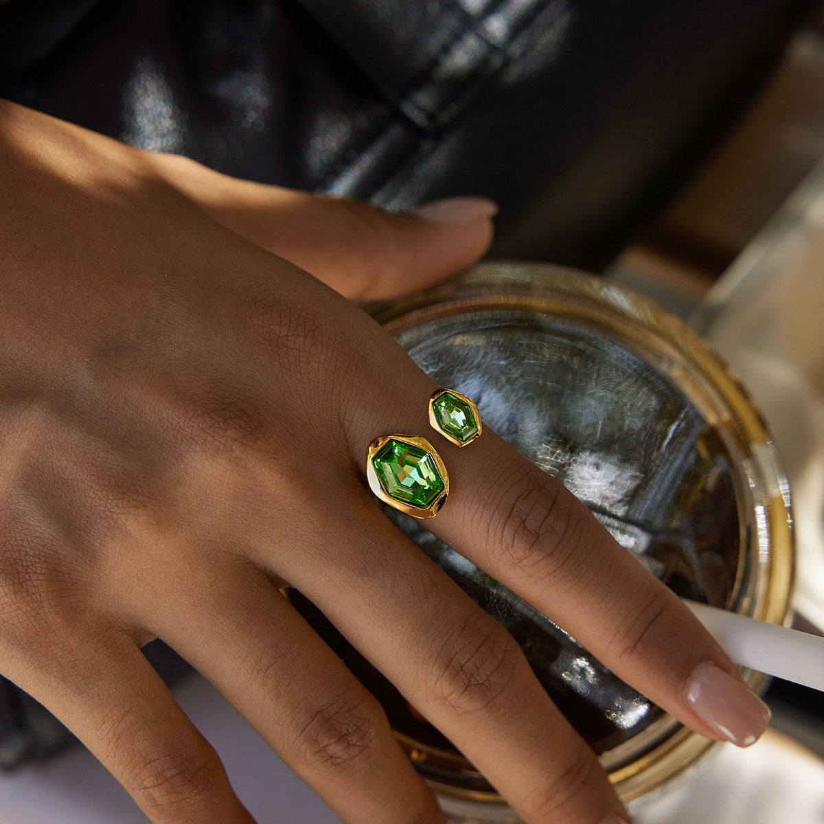 Reset Green Hexagon Open Ring