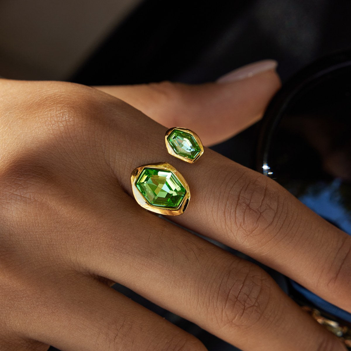 Reset Green Hexagon Open Ring